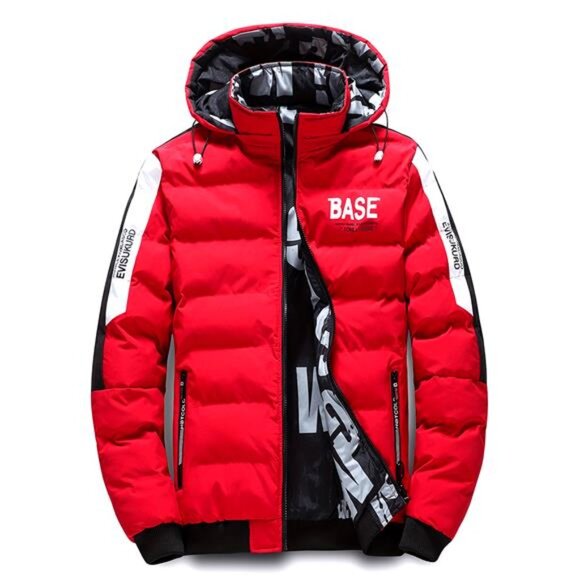 Men's Bold Red Hooded Puffer Jacket - New, Stylish & Warm - Picture 1 of 6